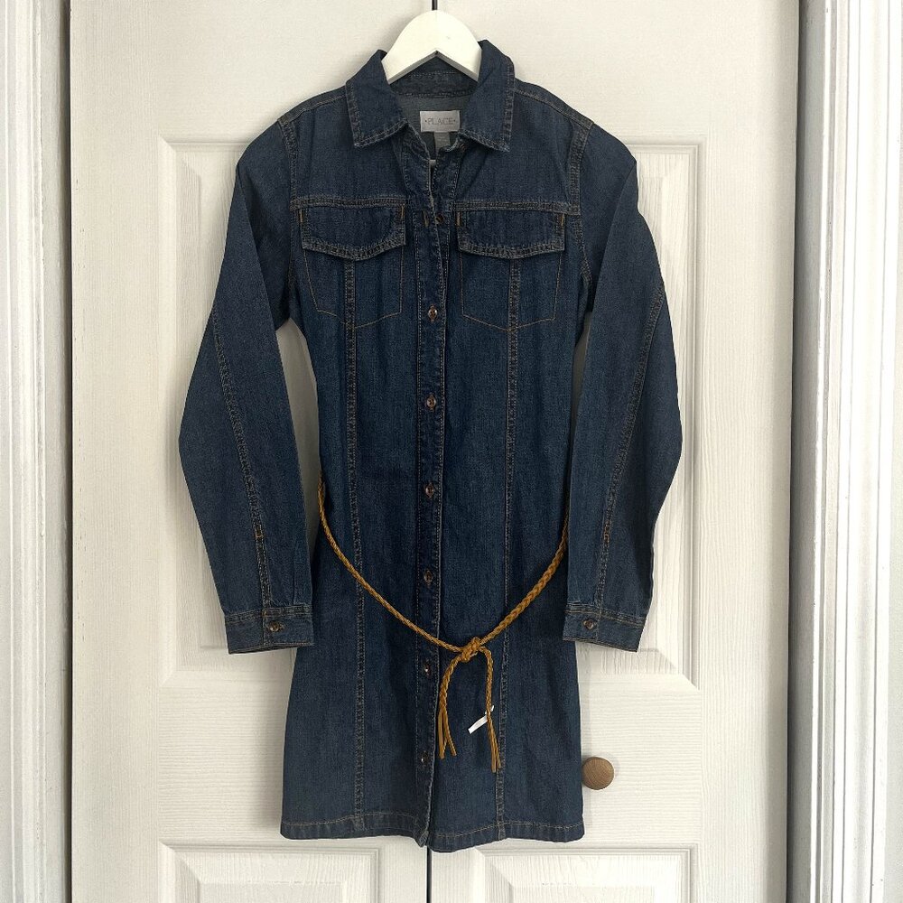 NWT Girl’s The Children’s Place Denim Dress with Braided Leather Belt Size 14